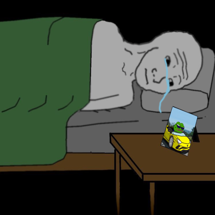 wojak looking to the picture of lil pepe in lambo and crying